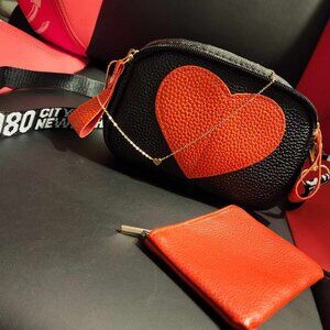 Heart Purse Bag pouch & Necklace Red Black